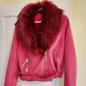 Red ultra suede with removable fur collar